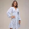 women's ditsy floral wrap v neck bubble long sleeve ruched waist ruffle hem midi a line dress fall casual sundress