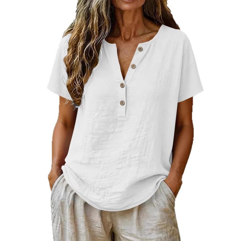 Women s White Linen Blend Henley Neck Short Sleeve T-Shirt S белый