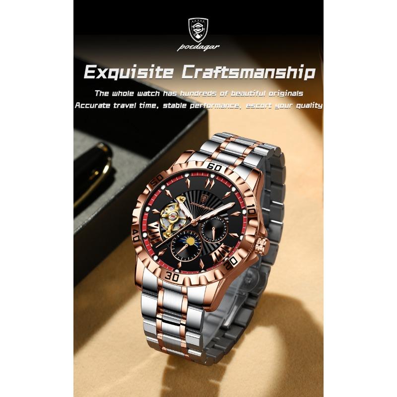 POEDAGAR Luxury Men Clock Hollow Tourbillon Automatic Mechanical Watch Waterproof Luminous Stainless Steel Watches+Box