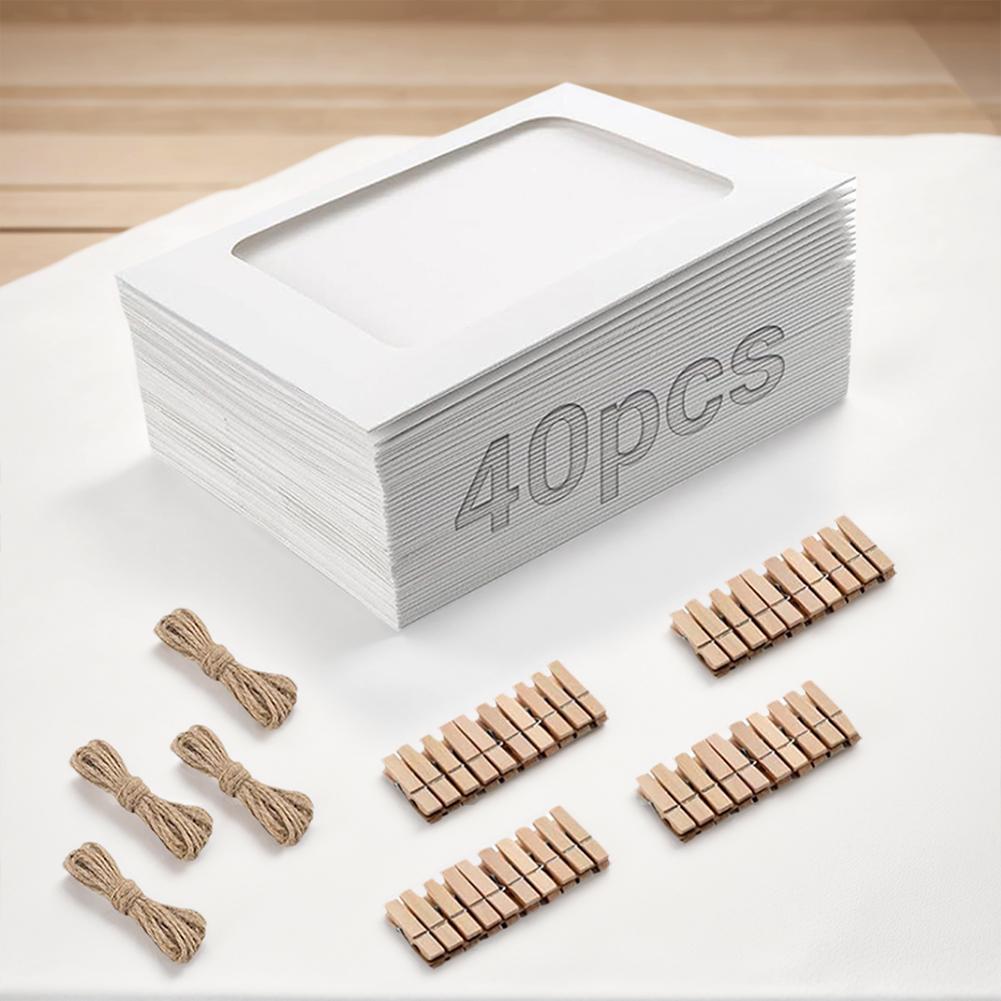 Pacote com 40 Guirlandas de Fotos 40 Pequenos Clipes para Pendurar Fotos Moldura de Foto com 4 Peças de Corda para Fotos Conjunto de Molduras de Fotos de Papelão