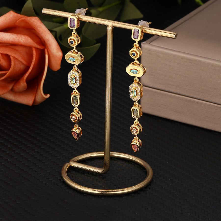 Luxury 18K Gold Plated Copper Zircon Geometric Bohemian Party Tassel Pendant Drop Earrings for Women