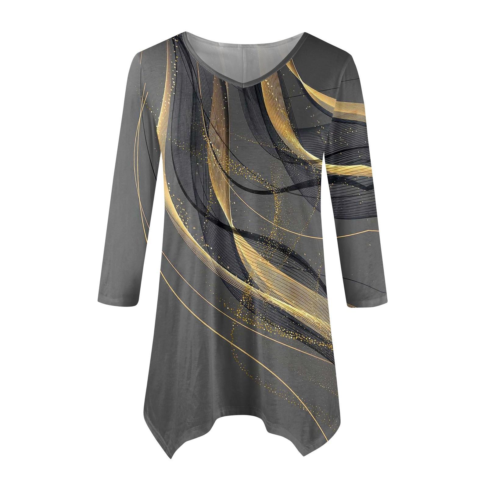 

Женская модная повседневная рубашка с V-образным вырезом, контрастным цветным принтом, рукавом-семью, свободным удобным топом с поясом XL жёлтый