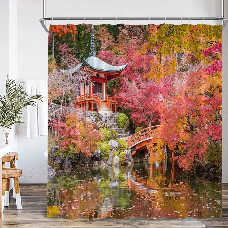 Autumn Landscape Shower Curtains Red Maple Trees Pavilion Arch Bridge Park Nature Scenery Home Bathroom Decor Bath Curtain Set