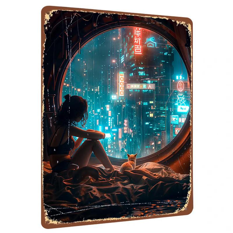 

Cyberpunk City Rainy Night Girl and Cat Metal Iron Painting Home Decor Living Room Bedroom Wall Art 20x30cm（7.8x11.8inch）