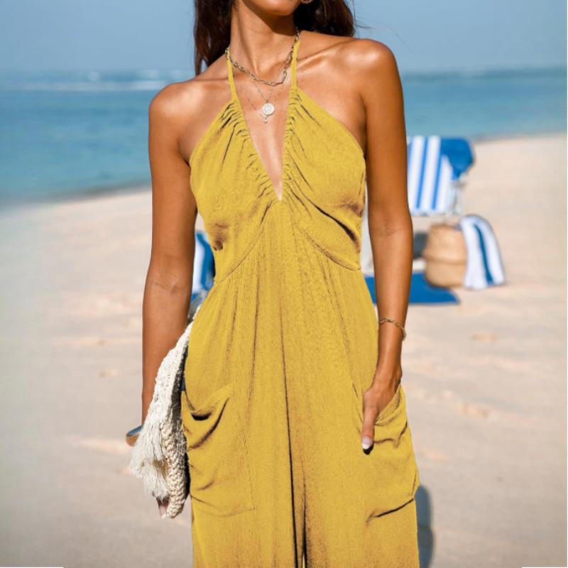 Women's Halter Neck Sleeveless Pleated Pockets, Lace-up Wide-leg Leggings On The Back, Long Jumpsuit