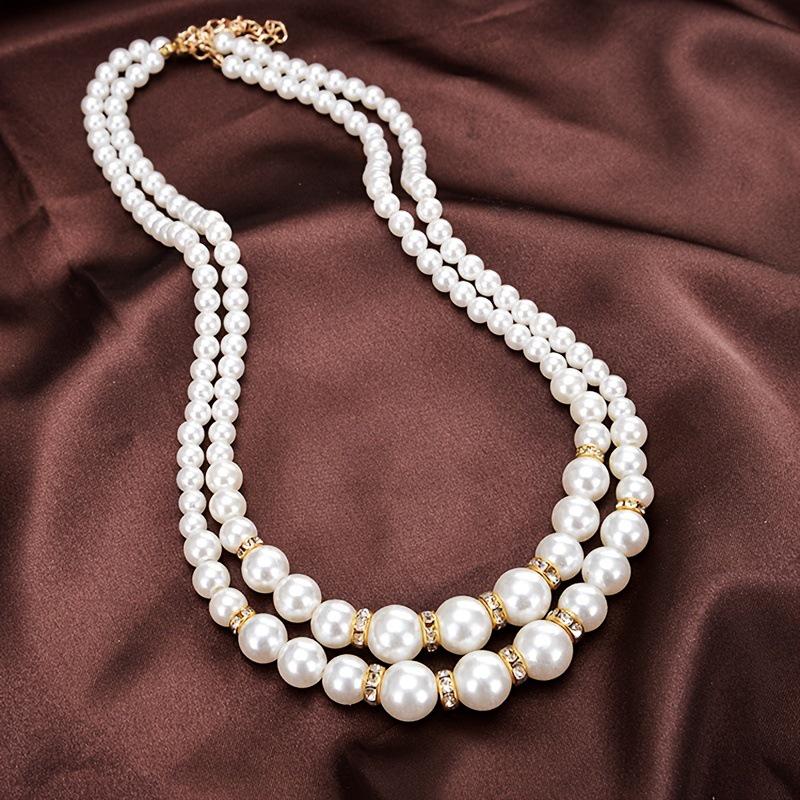 Elegant Rhinestone & Pearl Double Layer Necklace