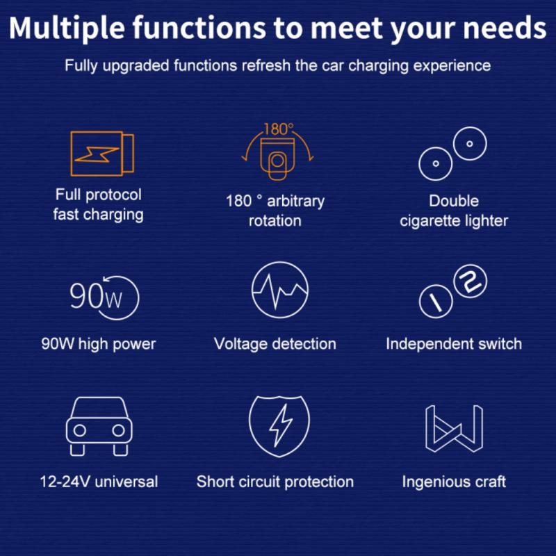 6.5A QC 3.0 Car Charger 90W Dual USB Quick Charging 180°rotation Cigarette Lighter Socket Power Adapter With Line Car Accessory