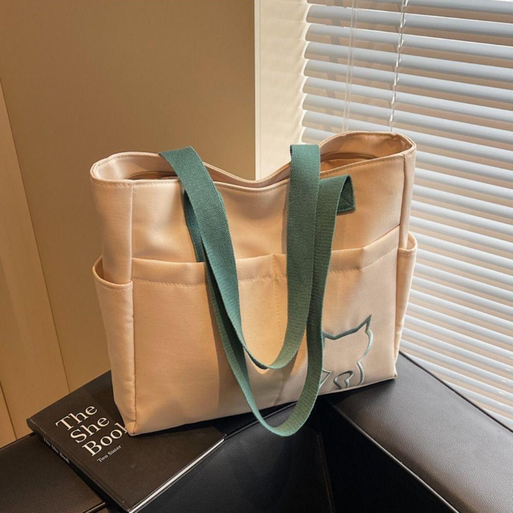Embroidery Cat Lightweight Eco Bag Casual Nylon Shoulder Bag Nylon Tote Bag  Student
