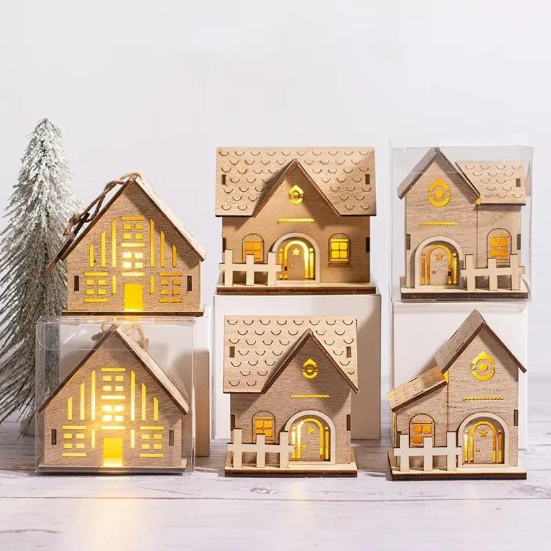 Christmas Led Light Wooden House Village Decorations Glowing Cabin Ornament Xmas House Desktop Ornament Holiday Home Decor