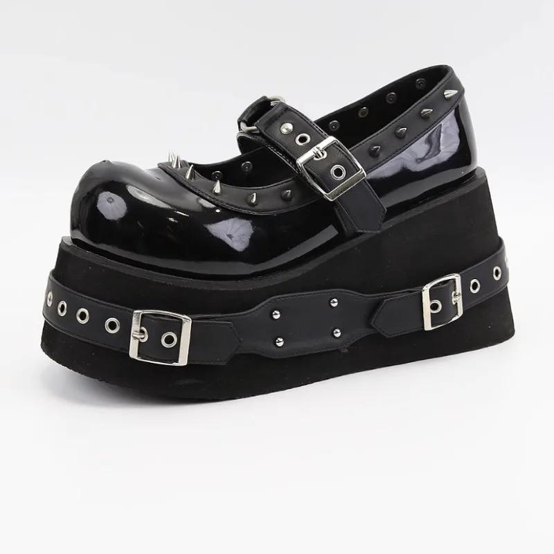 Fashion Women's Muffin Thick-soled Mary Jane Shoes, Large-sized Round-toe Fashionable Height-increasing Shoes with Riveted Decoration
