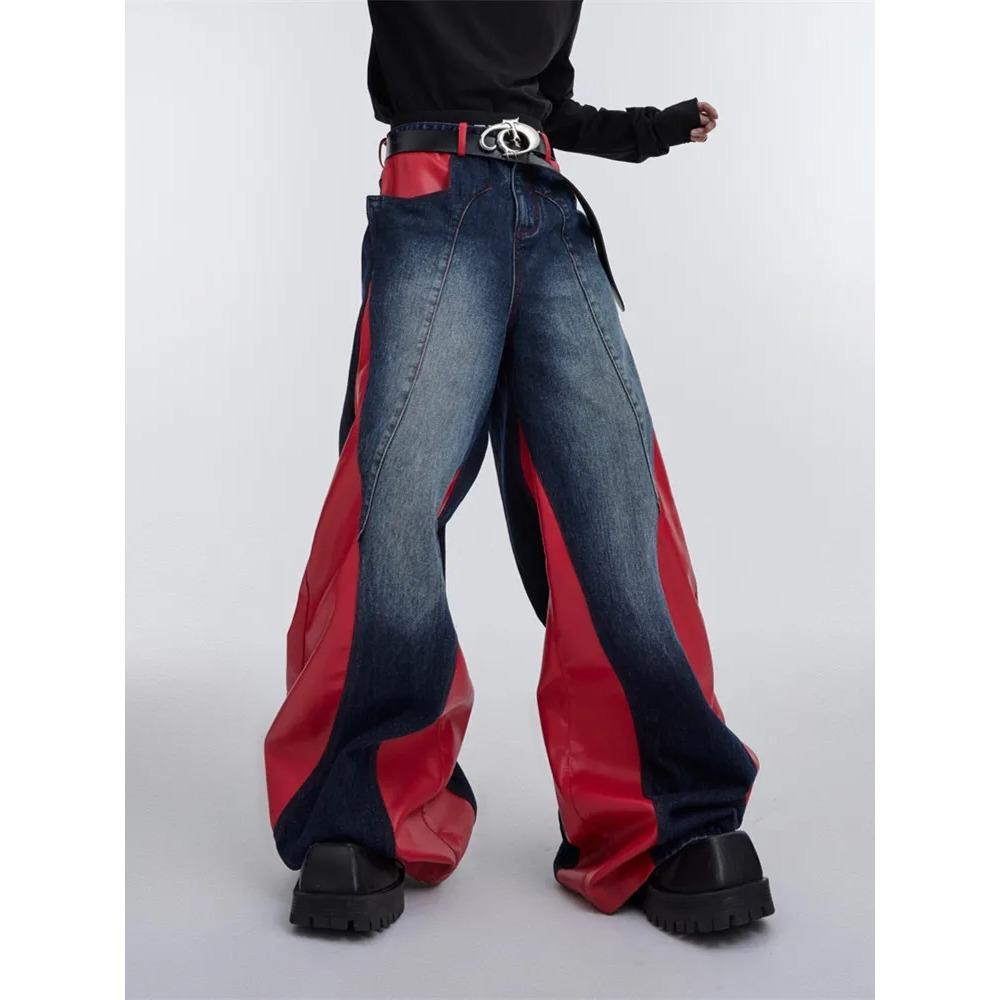 ZYLLO Y2K Streetwear Red Pu Leather Patchwork Baggy Jeans Pants For Men Designer Clothes Wide Leg Loose Denim Trousers