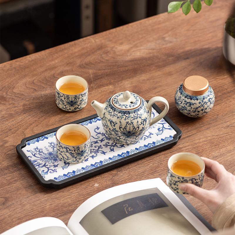 Blue and White Ru Kiln Lifting Beam Teapot Travel Kung Fu Tea Set Household Teacup Light Luxury Gift Box Business Companion Gift