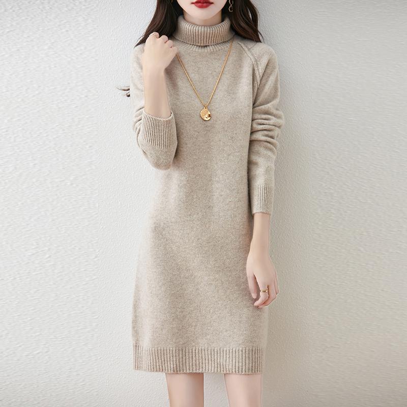 

Женское платье-свитер из 100% шерсти, водолазка, длинный вязаный пуловер, зимние джемперы, шерстяное длинное платье для женщин M бежевый