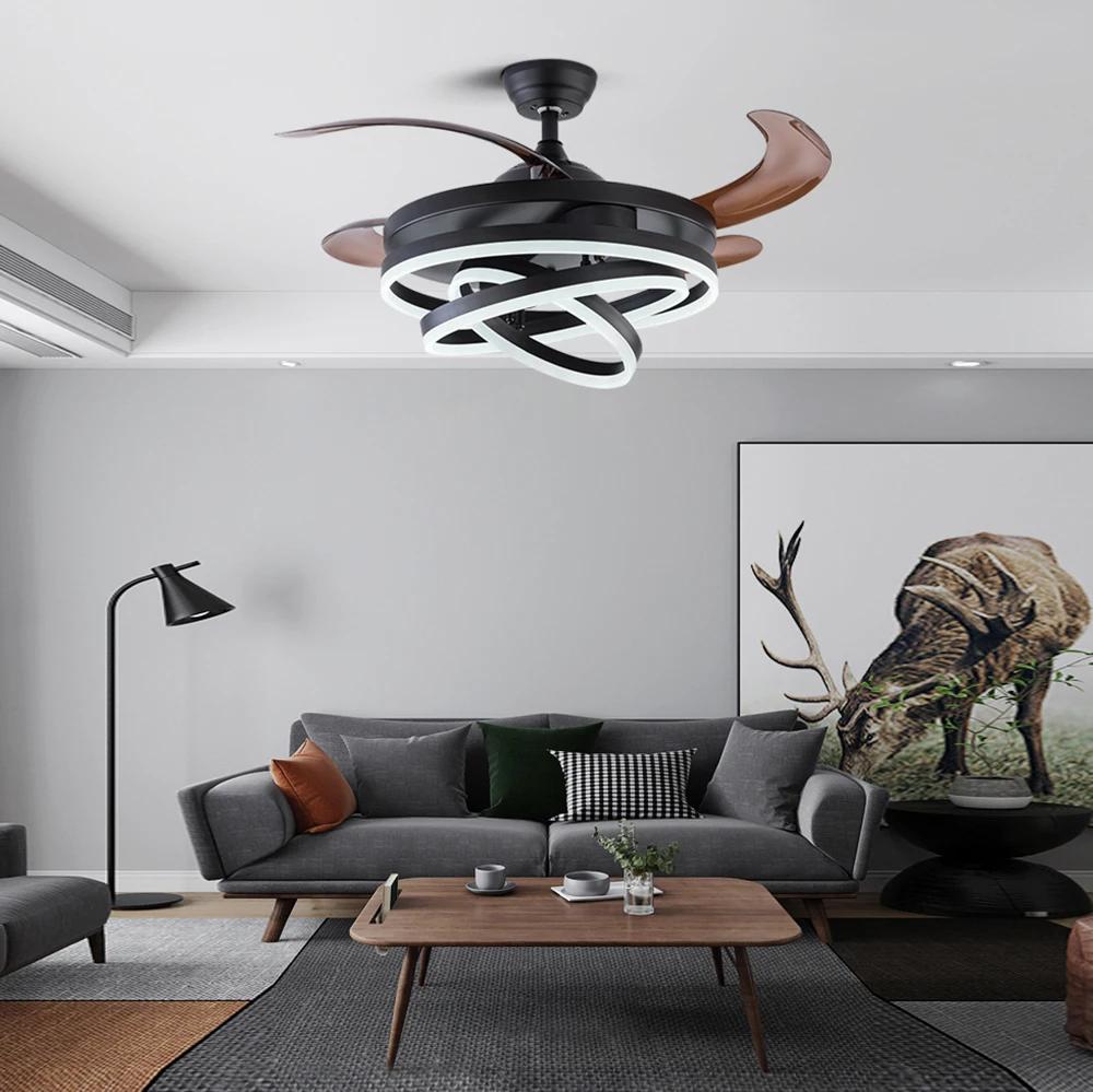 Modern Living Room Ceiling Fan with Lights Intelligent Ceiling Fan Retractable Blades LED Light Remote Dimming Home Decoration