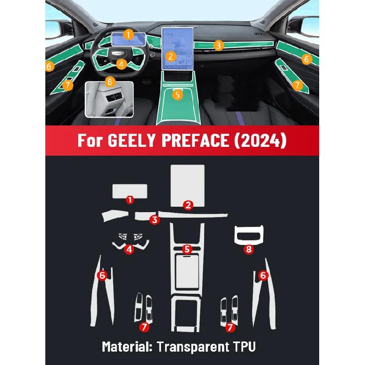 Ochranná fólie proti poškrábání na středovou konzoli, mediální panel a navigaci do interiéru auta z TPU pro GEELY PREFACE 2024 Příslušenství