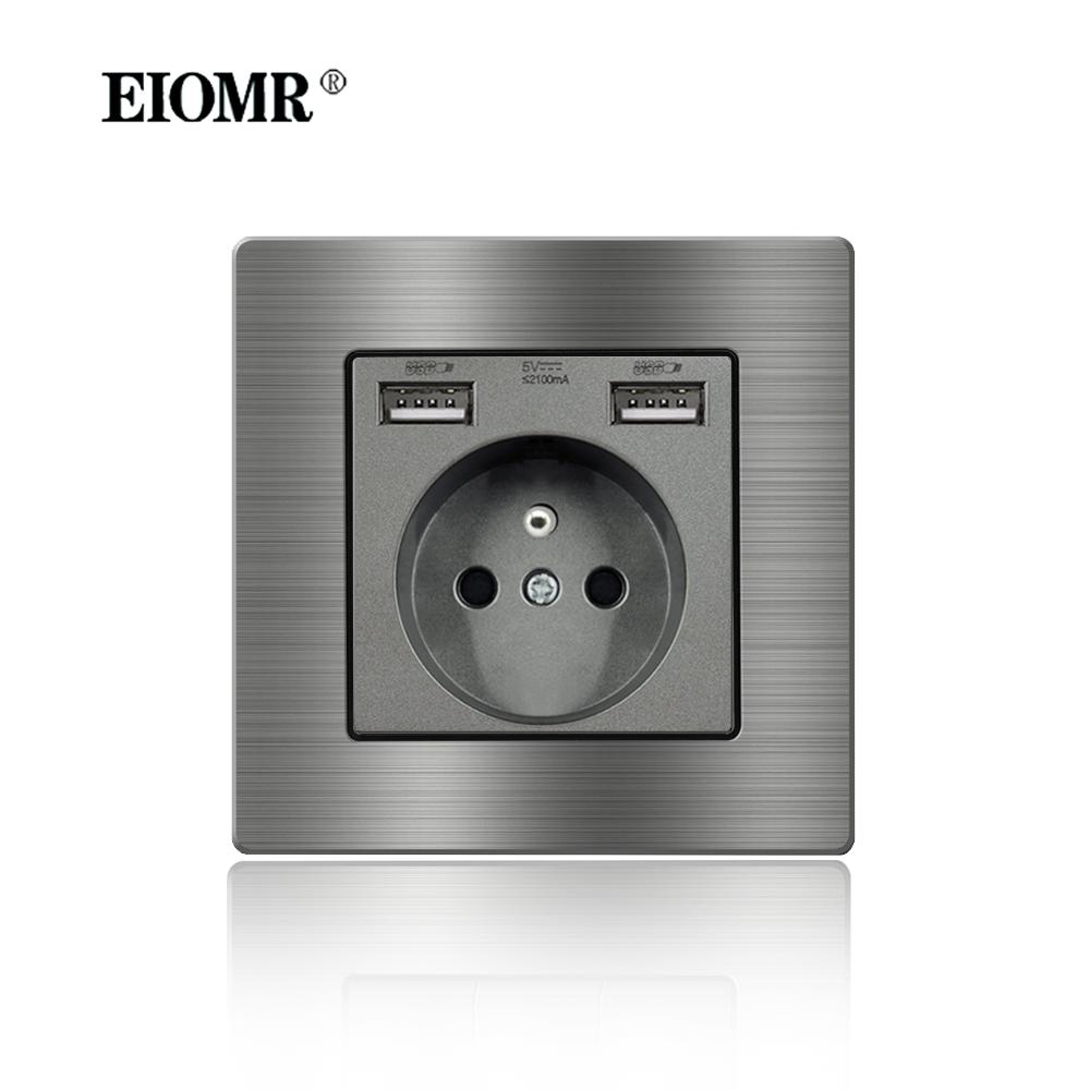 EIOMR France Standard Electrical Socket Grey Aluminum Alloy Panel Light Switch Rj45 Tv 220V 16A Wall Outlets for Home Appliance