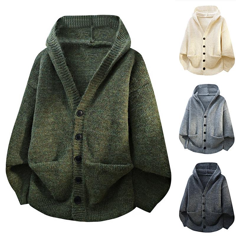 Men's Hooded Knit Cardigan Button Front Loose Fit Autumn Casual Fashion Warm Comfortable Lazy Style Sweater Outerwear