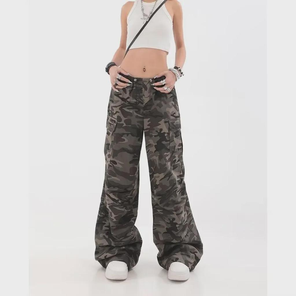 Women's 2024 Retro High-Waist Camouflage Wide-Leg Pants - Army Green, Casual Hip-Hop Style