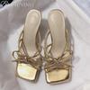 Fashion Bow Slippers Women High Heels Sandals Square Toe Shoes Elegant Summer 2025 Dress Luxury Pumps Trend Open Toe Shoes Casual Slides