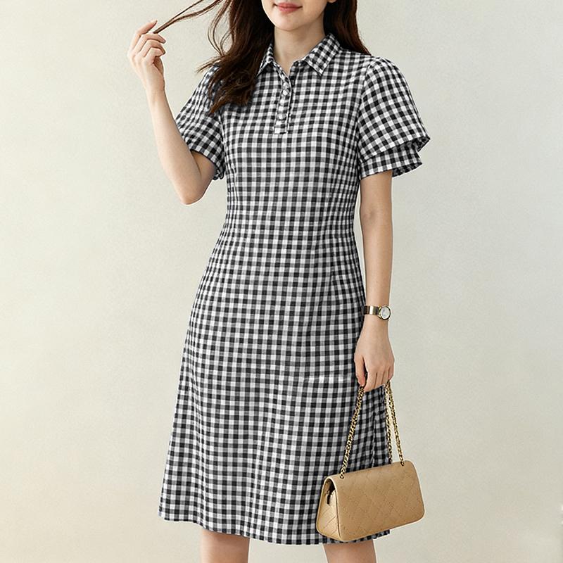 

ZANZEA Женское повседневное летнее платье в клетку с короткими рукавами и отложным воротником S чёрный