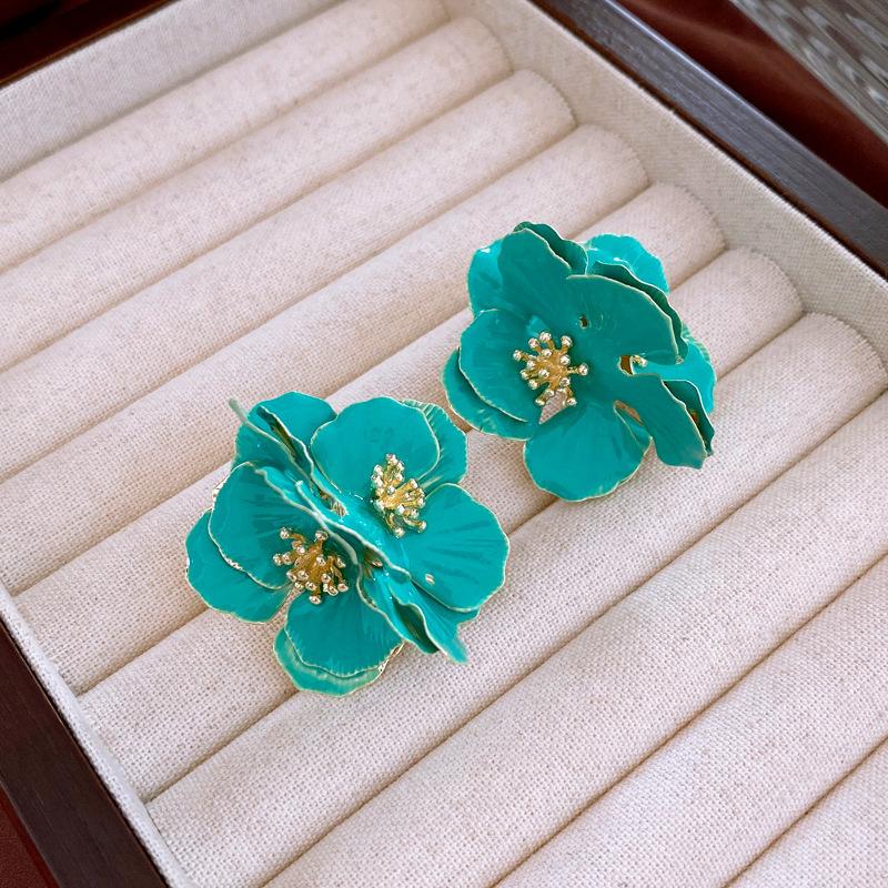 Dripping oil blue flower earrings high sense temperament versatile new stud earrings fashion Internet celebrity niche earrings women