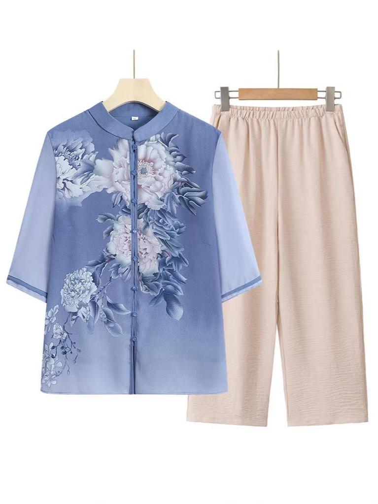 Summer Style Chiffon Cardigan for Elderly Mothers - Mid-Sleeve Chinese Design