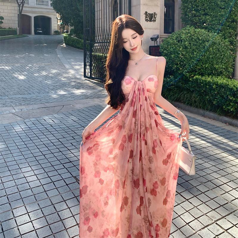 Hainan Seaside Vacation Long Dress French Green Printing Tie-dye Tube Top Suspender Dress Women Mopping The Floor