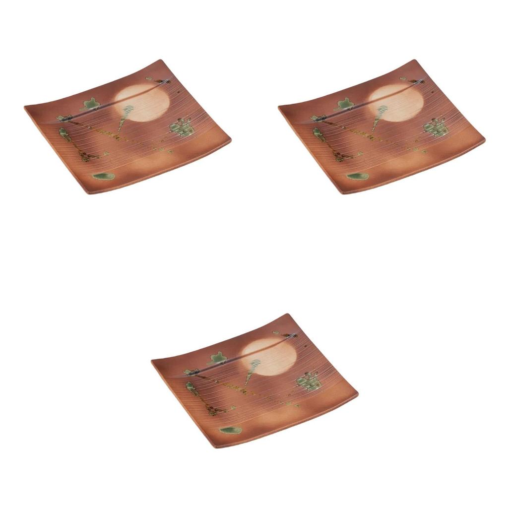 Set of 3 Yakishime Full Moon Carved Square Plates x x 2 Square Plates Setomonohonpo [18.3 17.1 cm] (Medium)