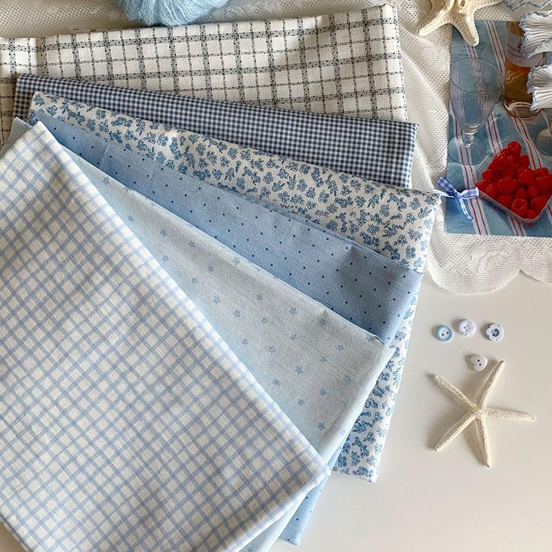 Tela de Algodón 100% de 1 m Cuadrícula Azul Lunares Florales Estampado Digital Tela para Ropa Ropa de Casa Ropa de Cama Manteles Cortinas Manualidades