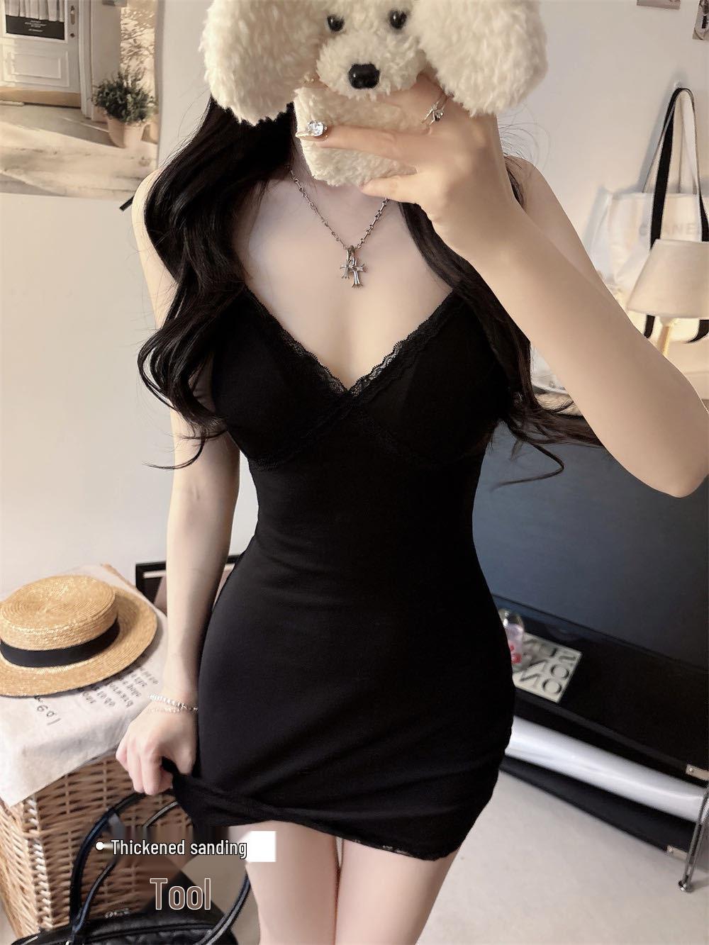 Spicy Celebrity Style Lace Patchwork V-Neck Dress: Spring/Summer Slim Fit Spaghetti Strap Mini. One Size
