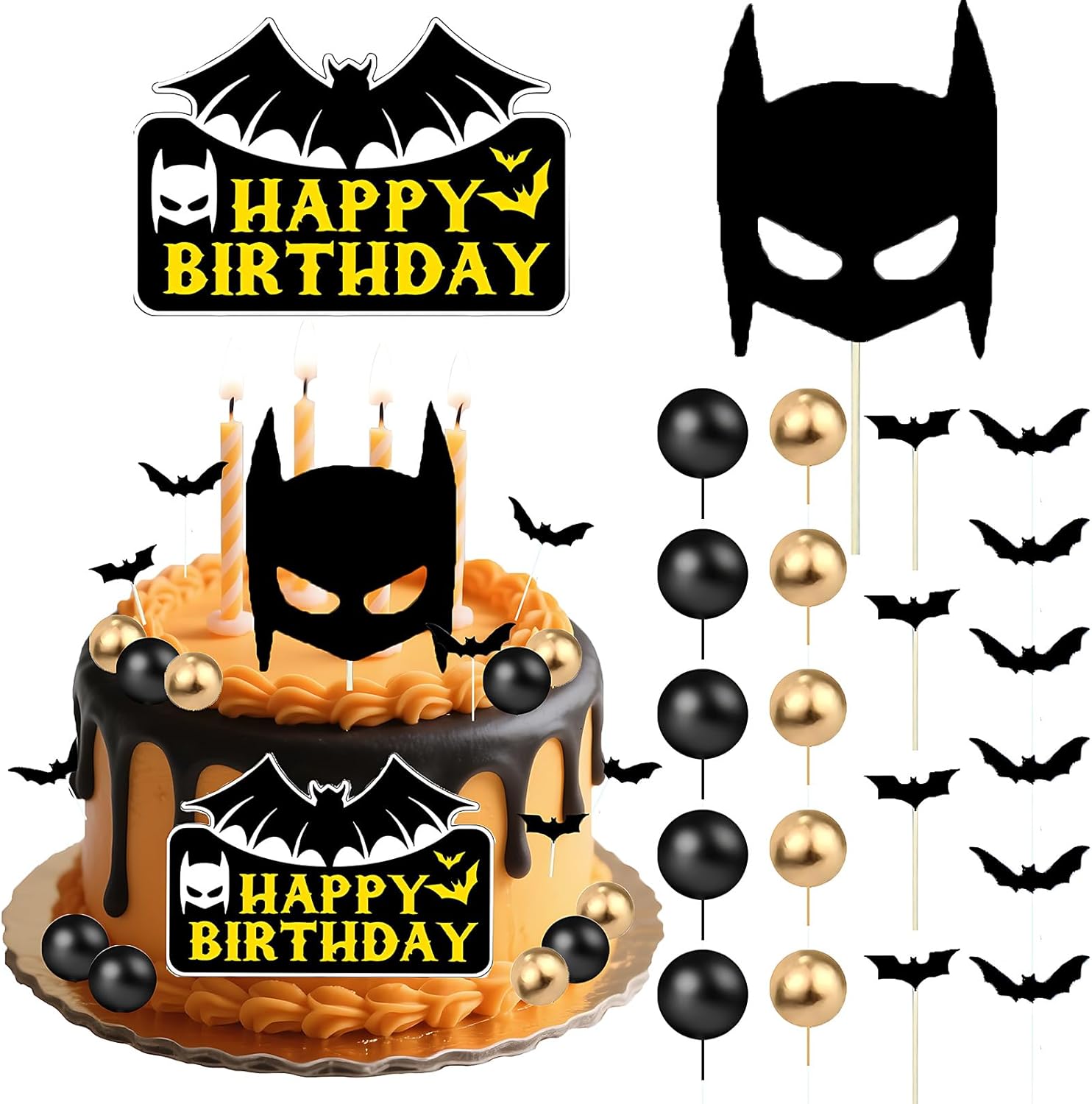 

Superhero Cake Topper Decorations, Bat Cupcake Toppers, Happy Birthday Decorations for Hero Themed Party Supplies