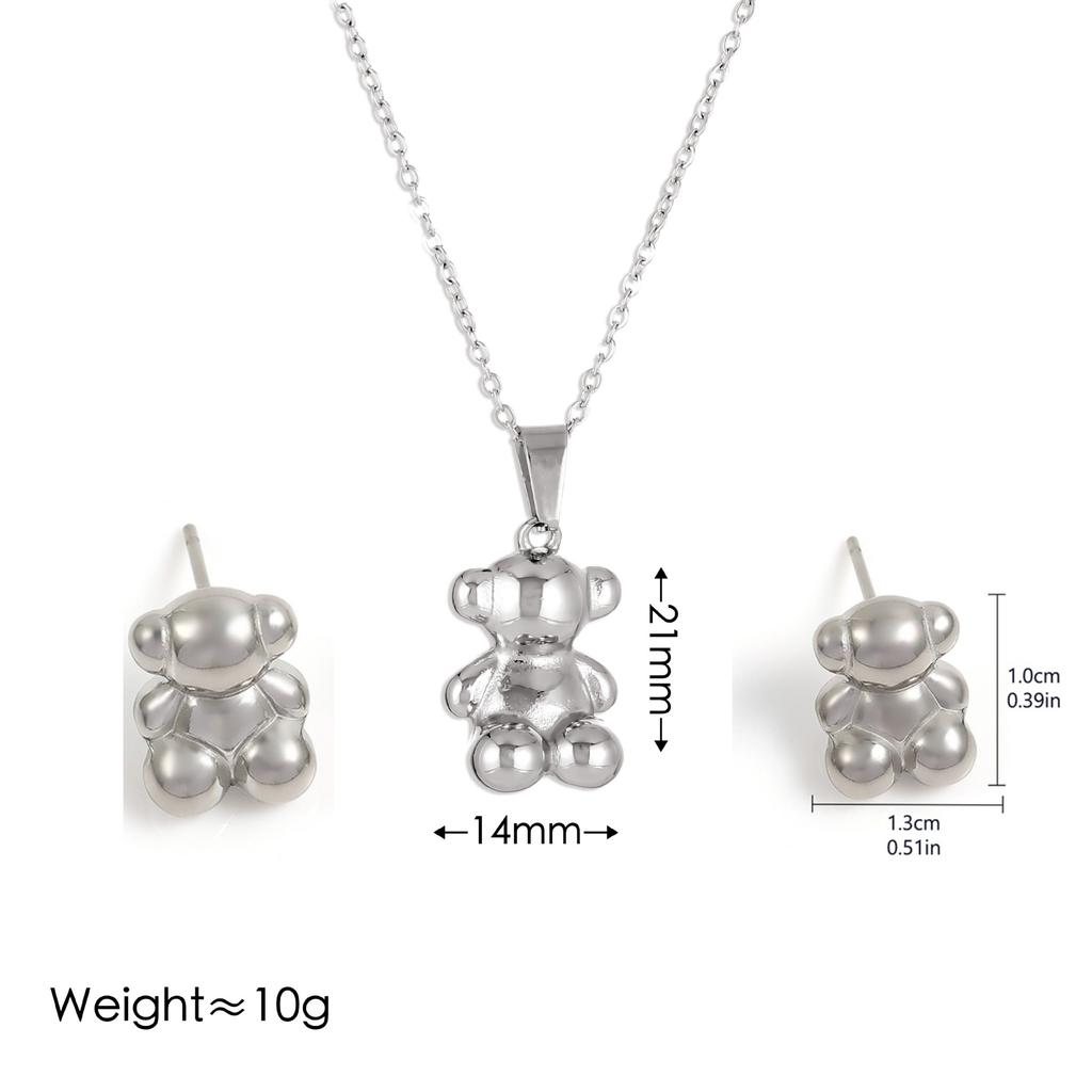 3PCS Anime Style 3D Cute Bear Earrings Necklace Set For Women High Quality Stainless Steel Not Fading INS Couples Gift Jewelry