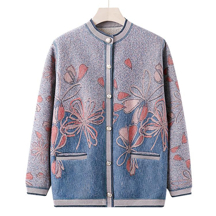 Middle-aged and Elderly Autumn Sweater Coat Female Grandmother Plus Velvet Padded Knit Cardigan Mother Winter Coat Old Clothes