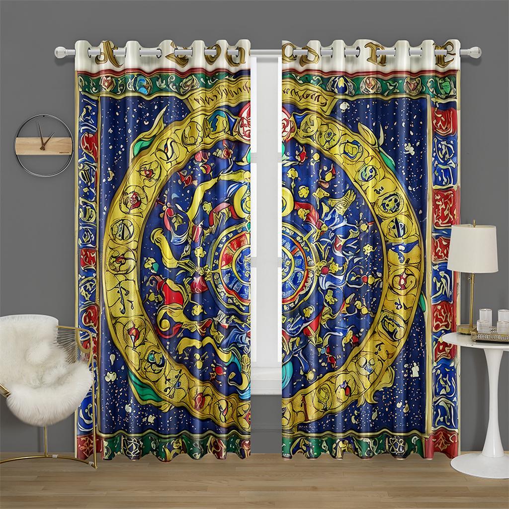 Mystic Zodiac Curtains 2 Panels 3D Print Sun Block Gold Blue Magic Pattern Bedroom Living Room Decor Starry Astrology Art