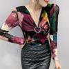 Spring Autumn New V-neck Printed T-shirt Women's Fashion Mesh Top Long Sleeve Bottoming Shirt S-3XL
