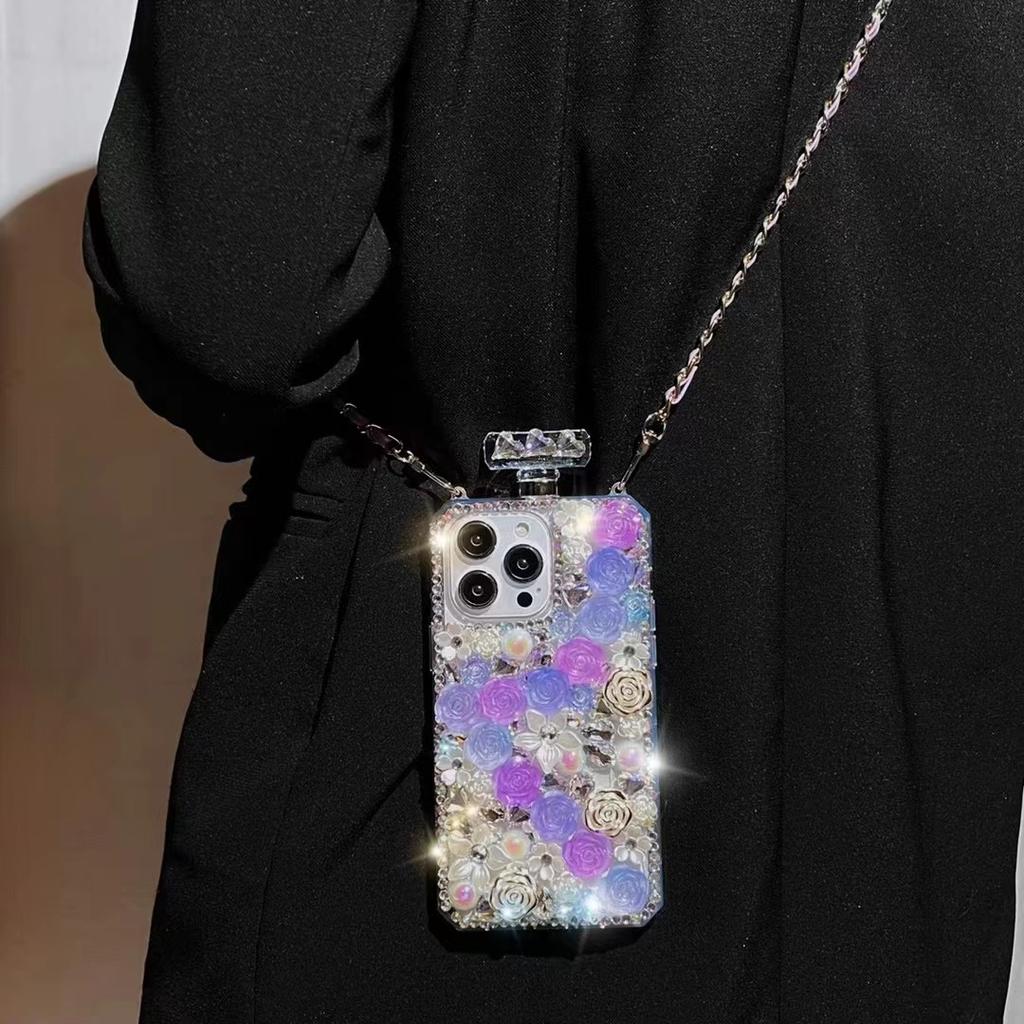 Kolorowa kryształowa róża kwiaty pokrywa dla Samsung S23 S22 S21 S20 Ultra Crossbody Rhinestone kształt butelki perfum etui na iphone 15 14 3 12 11 Pro Max