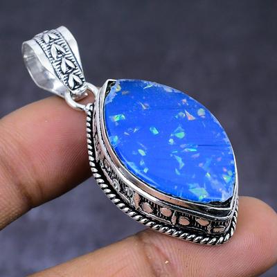 Natural Blue Triplet Opal Gemstone 925 Steling Silver Pendant 2.05" P0q67