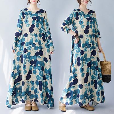 Real Spring New Literary Large Size Loose Printing Round Neck Long Sleeve Dress Women's Long Dress