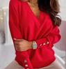 Women's V Neck Pullover Sweater Long Sleeve Knit Top Button Detail Cuffs Casual Lightweight Soft Fabric