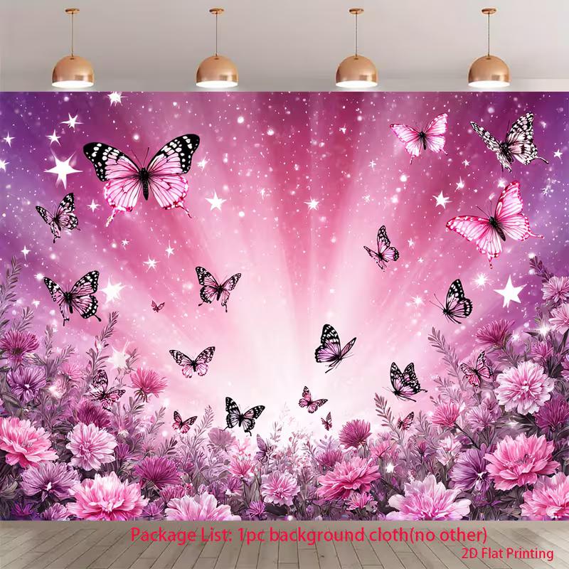 Whimsical Butterfly Backdrop, Dreamy Pink and Purple Scene with Butterflies, Flowers and Sparkles, Magical and Enchanting Party Wall Art