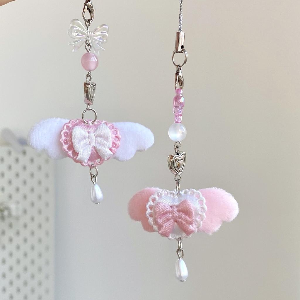 Cute Pink Fur Angel Wing Phone Strap Keychain With Bow Charm Unique Bag Decoration For Girls Lolita Style Accessories
