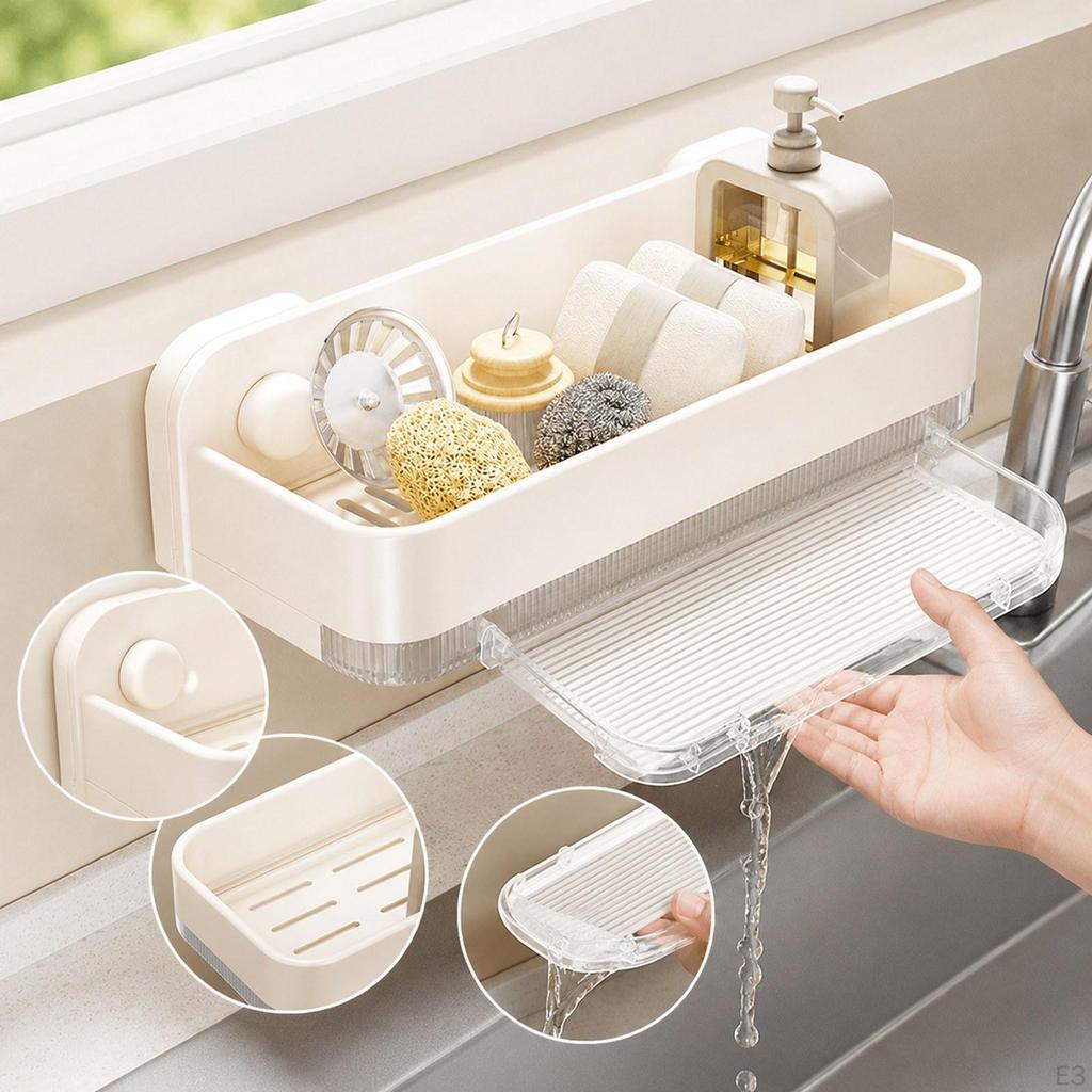 Kitchen Sink Organizer Cloth Rack Suction Cup Draining Tray Metal PP Suitable for Dining