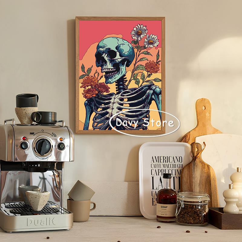 Vintage Floral Skeleton Skulls Pop Art Posters and Prints Canvas Painting Wall Picture for Living Room Home Decoration Cuadros