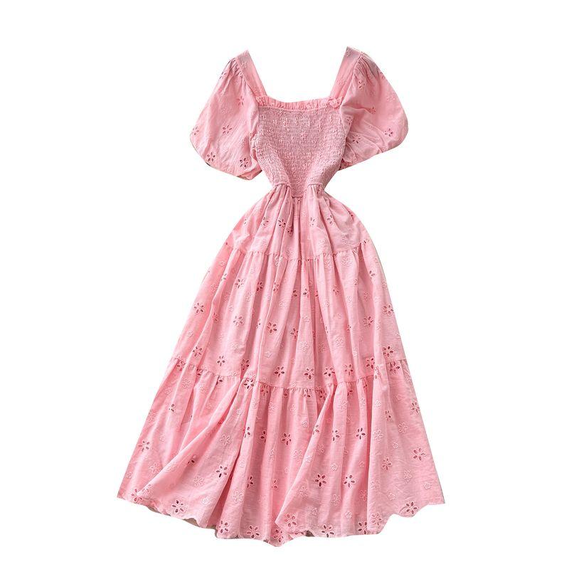 French style Gentle Chic Square Collar Puff sleeve Hollow Embroidery Dress Women Summer Waist Hugging Slimming A Word First Love Skirt