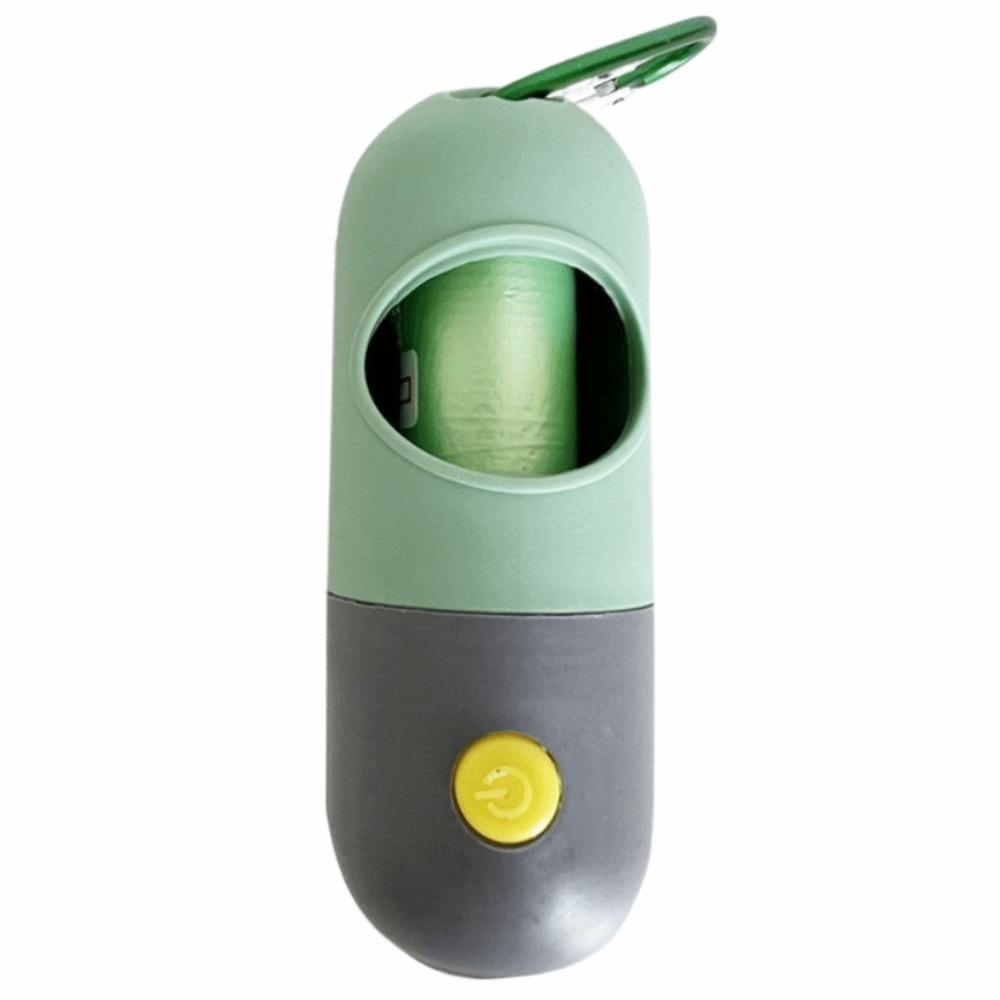 

Металлический карабин Диспенсер для пакетов для собачьих отходов Портативный светодиодный фонарик Диспенсер Ночные прогулки зелёный