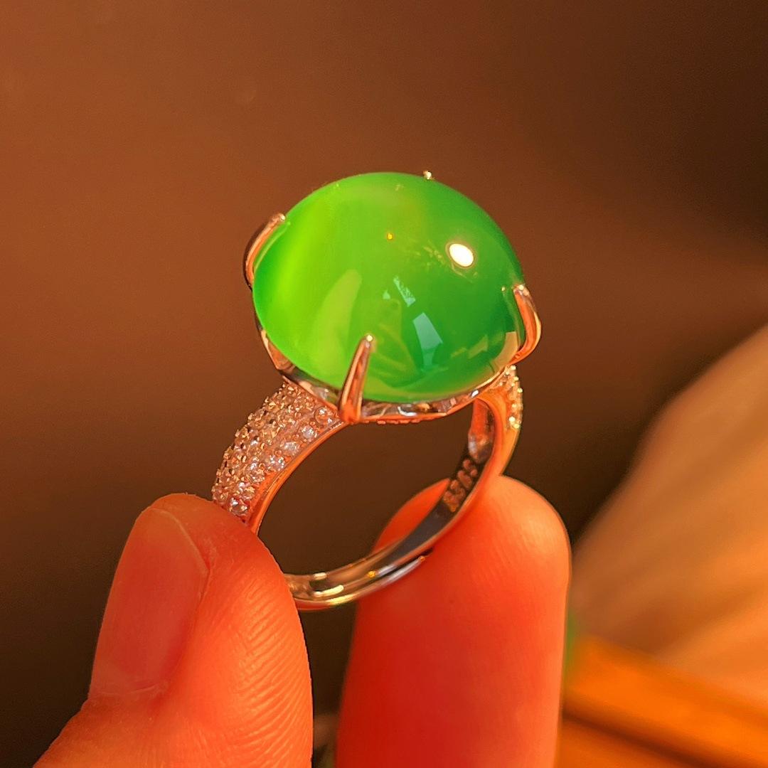 

925 Silver Full Green Yang Green Natural Agate Green Chalcedony Ring Women S Opening Slightly Inlaid, Real Shot Fidelity