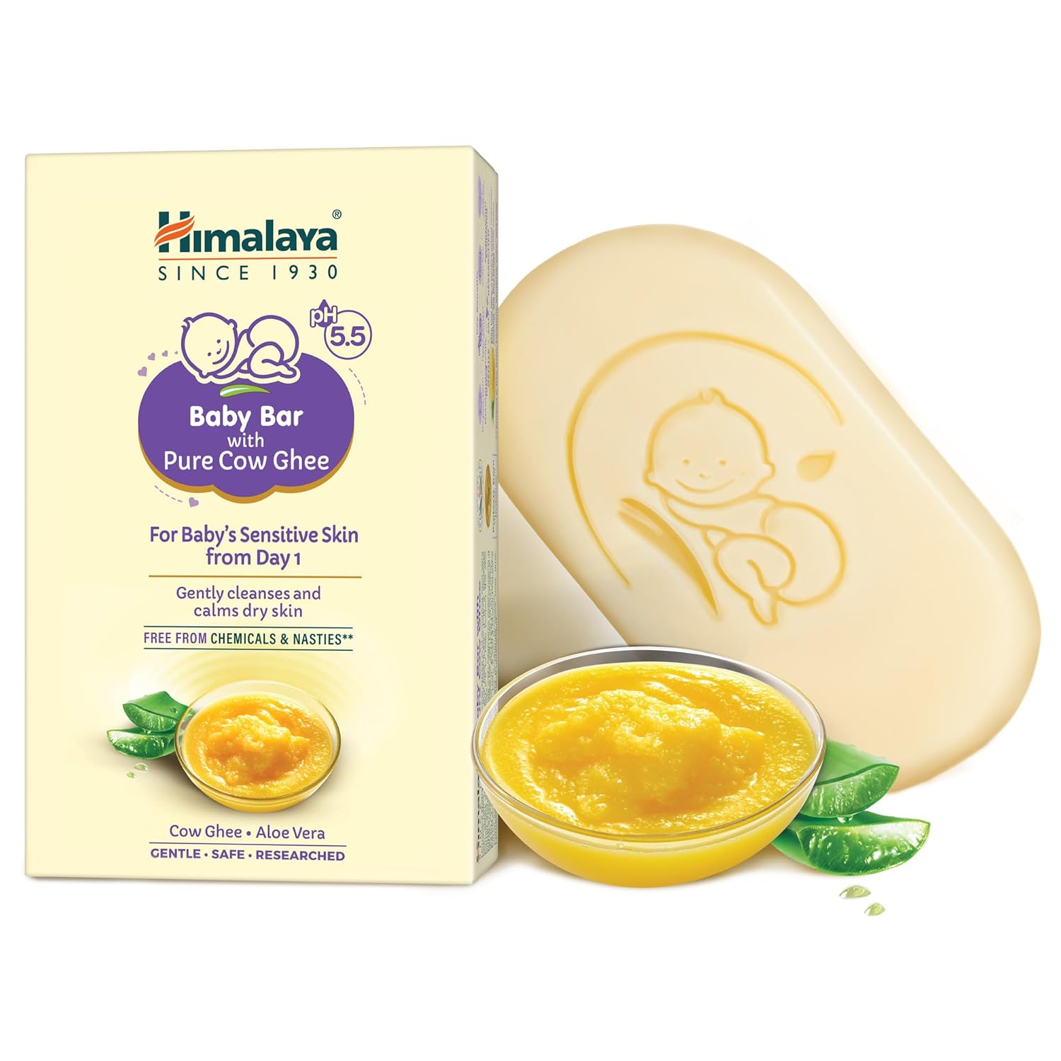 

Himalaya Baby Bar With Pure Cow Ghee And Aloe Vera Soap-Free Cleansing Bar For Sensitive Newborn Skin 75Ggm Soap