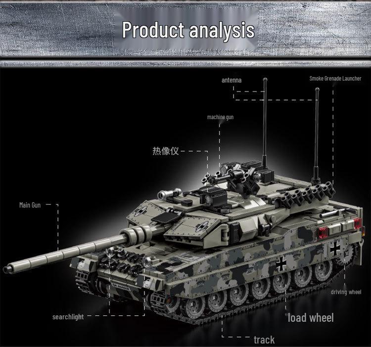 Leyi 66050-72 Leopard 2A7 Main Battle Tank Model - Advanced Military Building Blocks Toy for Boys.