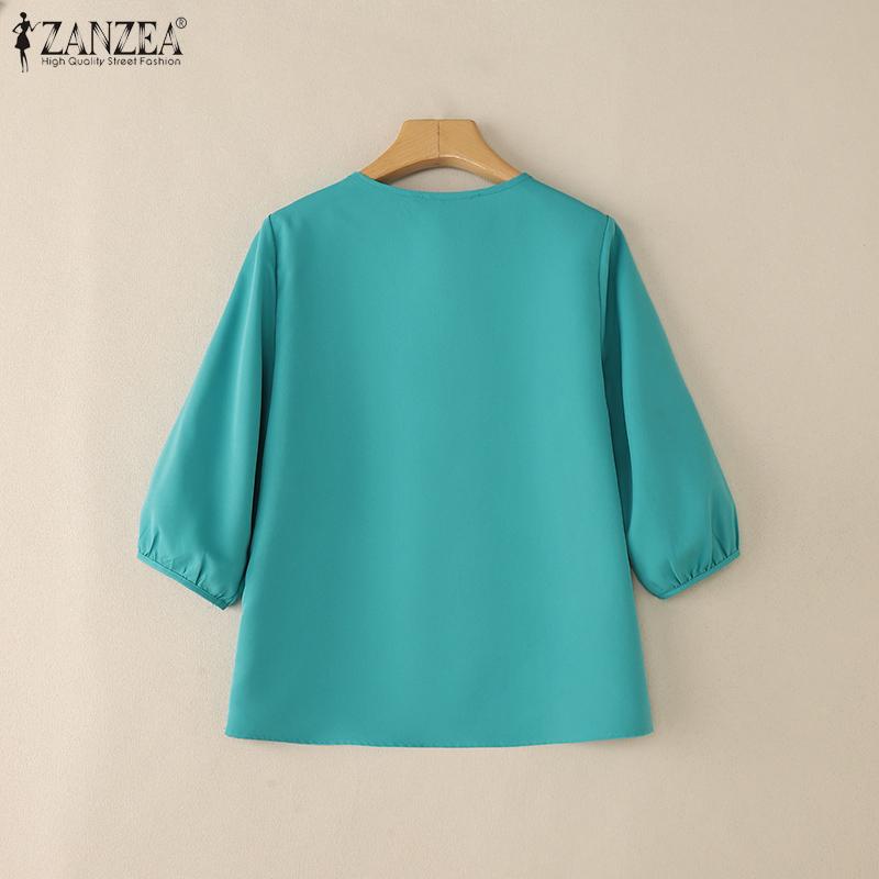ZANZEA Women Casual Round Neck Solid Color 3/4 Sleeve Summer Blouse