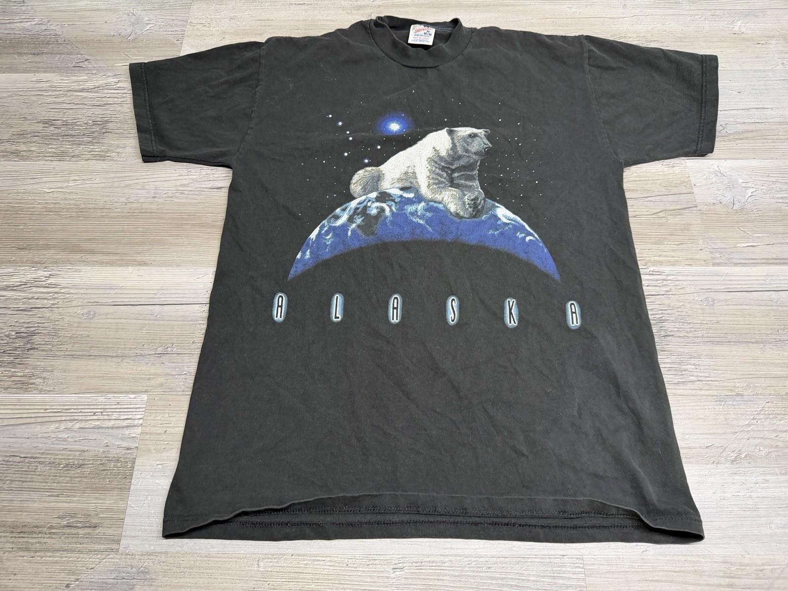 Vintage 90s Alaska Polar Bear Earth Space Graphic T-Shirt Jerzees USA Made M Unisex T-Shirt XXXXL